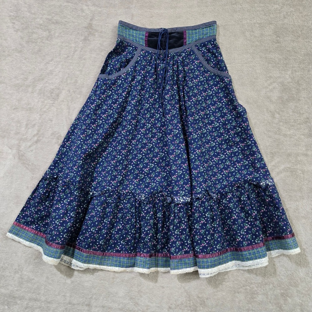 Vtg Gunne Sax Skirt Blue Floral Lace Cottagecore Prairie Victorian Milkmaid Folk